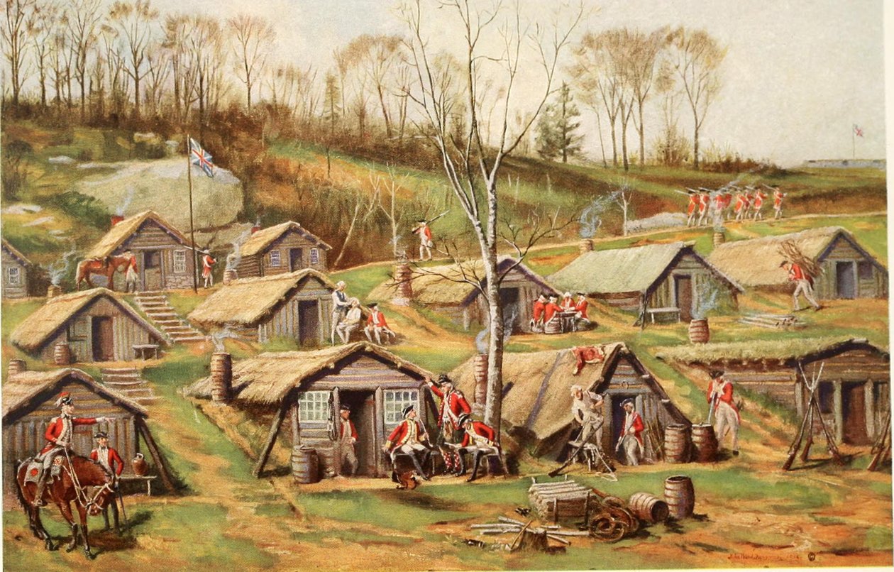 Chatový tábor na Dyckmanově farmě, ilustrace z Relics of the revolution; příběh o nálezu pohřbených pozůstatků vojenského života v pevnostech a táborech na ostrově Manhattan od Reginalda Pelhy od John Ward after Dunsmore