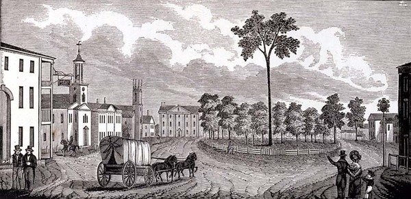 Centrální část Pittsfield, Massachusetts, z Historical Collections of Massachusetts, John Warner Barber, rytý S. E. Brown, 1839 od John Warner Barber