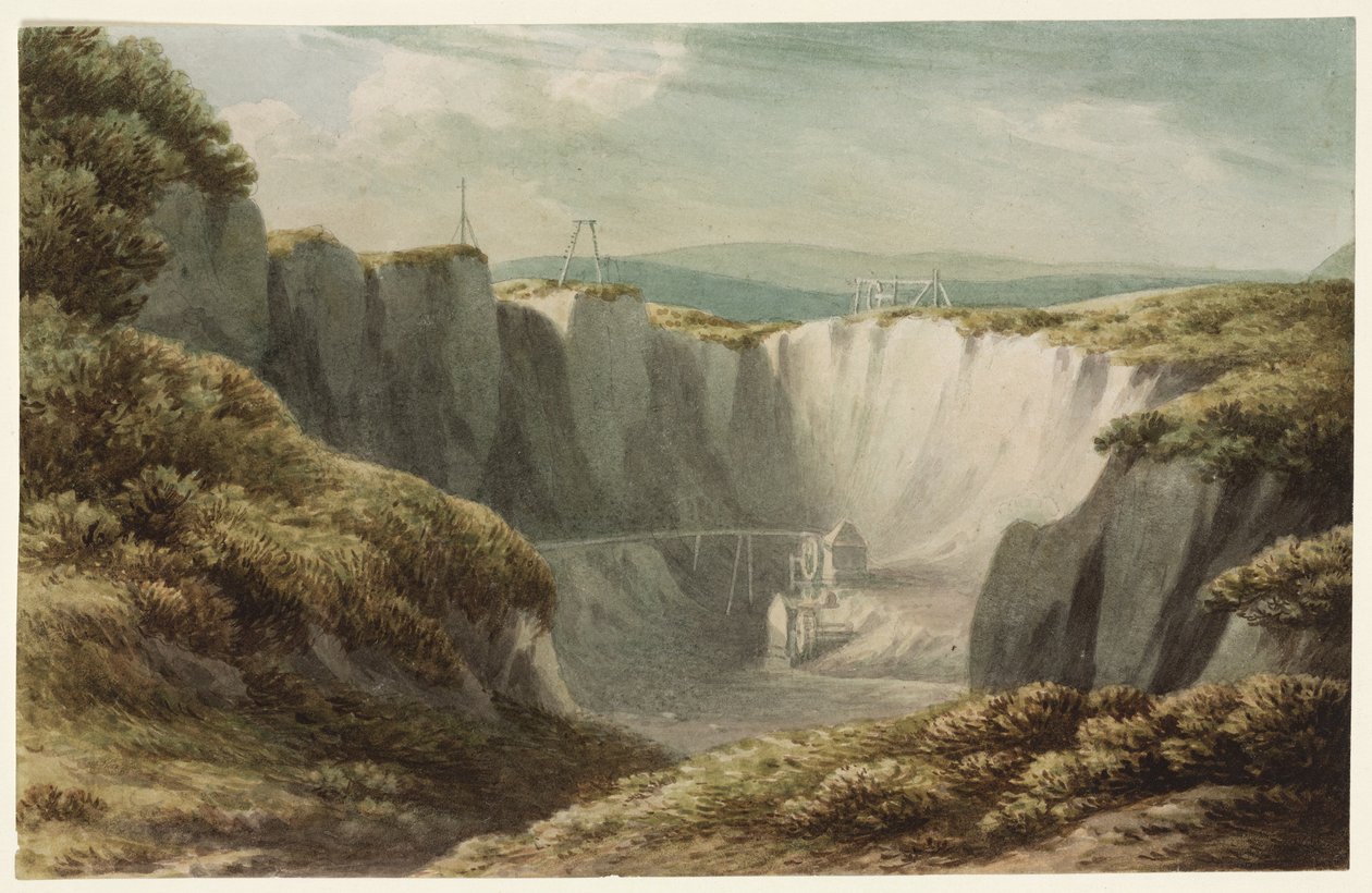 Cínový důl v Carclaise, Cornwall, cca 1800 (wc na papíře) od John Warwick
