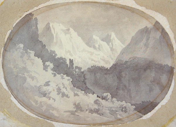 Alpská scéna (šedá barva přes grafit na papíře) od John Warwick Smith