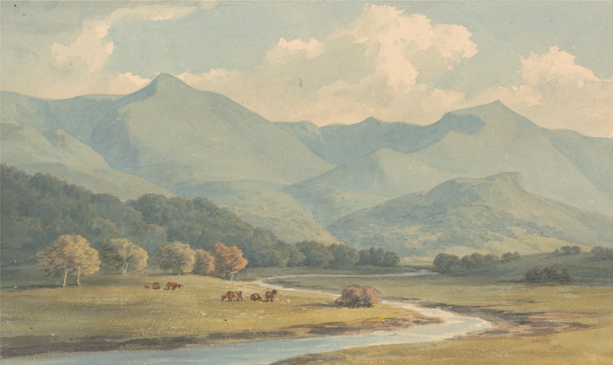 Carnedd Llewelyn a Carnedd David, Carnarvonshire, při pohledu přes řeku Ogwen od John Warwick Smith