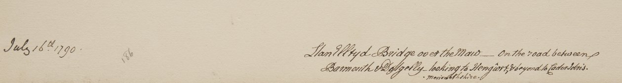 Most Llanelltyd přes chřtán, na silnici mezi Barmouth a Dolgellau, s výhledem na Hengwrt a dále na Cader Idris, Merionethshire, 16. července 1790 od John Warwick Smith
