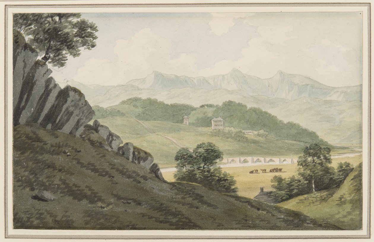 Most Llanelltyd přes chřtán, na silnici mezi Barmouth a Dolgellau, s výhledem na Hengwrt a dále na Cader Idris, Merionethshire, 16. července 1790 (wc na papíře) od John Warwick Smith