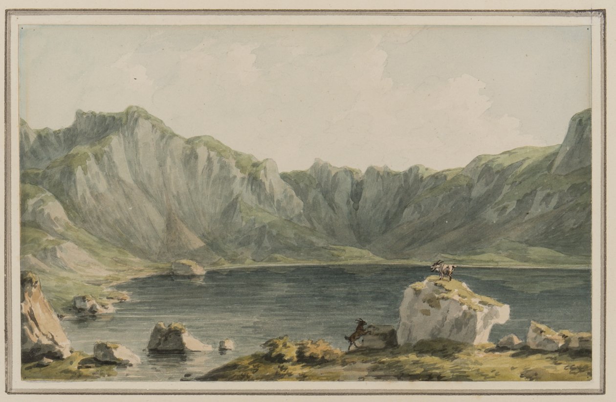 Llyn Idwal, na přístupu k němu z Llyn Ogwen, Carnarvonshire, kolem 1795 (wc na papíře) od John Warwick Smith