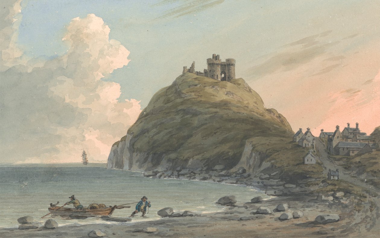 Ruiny hradu Criccieth a část města v zálivu na Cardigan. East View, Caernarfonshire od John Warwick Smith