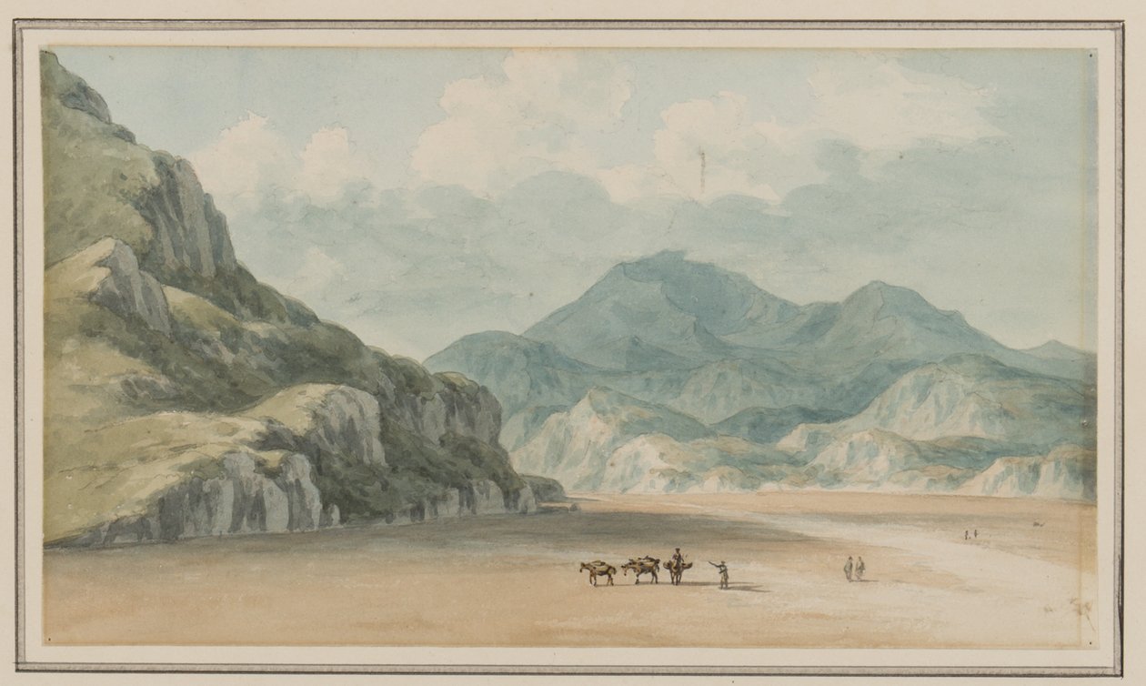Pohled na písky Fraeth Mawr Sands, směrem na Snowdon, při jejich přechodu mezi Penmorsou a Cynant, Merionethshire, 21. července 1795 (wc na papíře) od John Warwick Smith