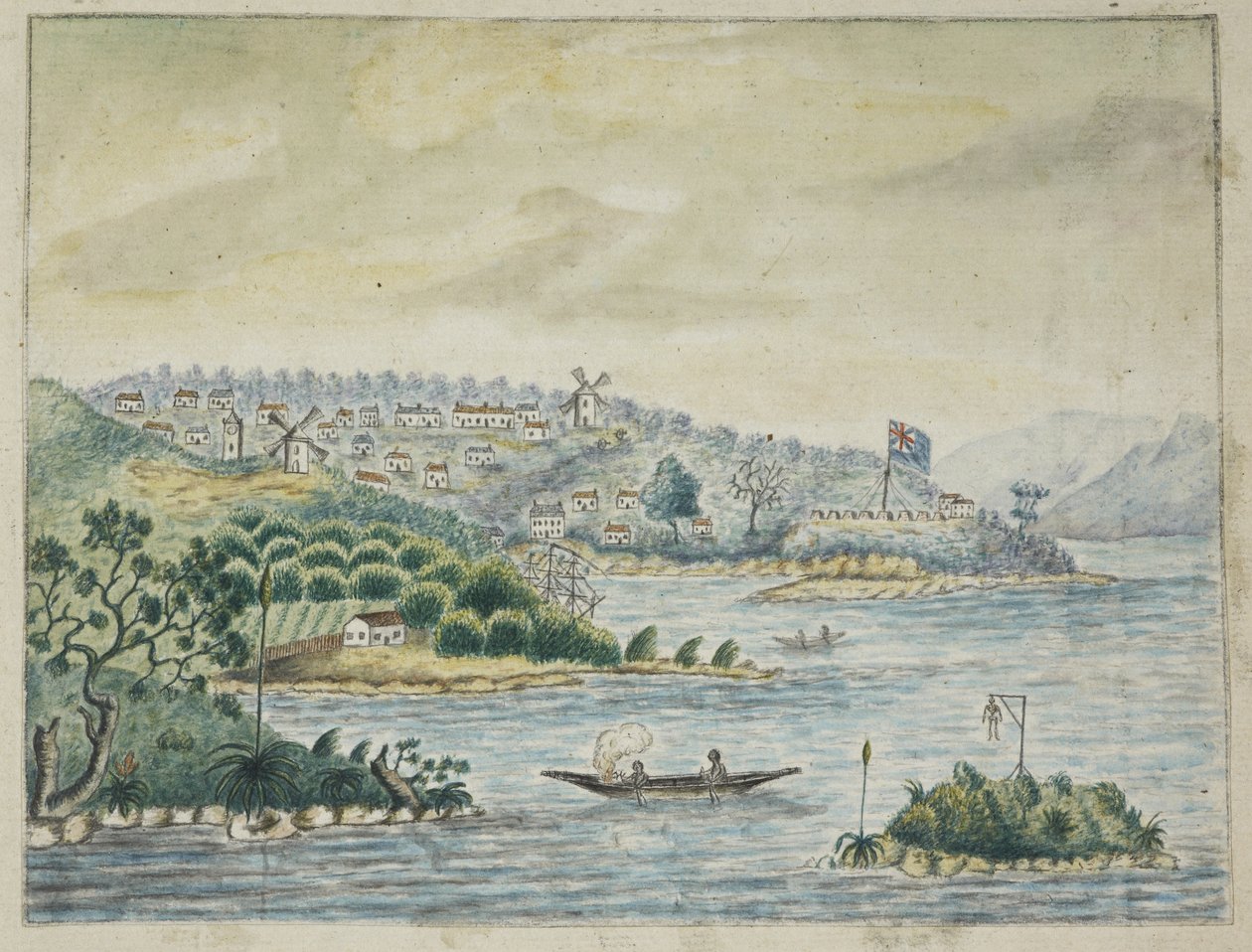 Přidat. 13880, f.79 Pohled na britskou kolonii. V popředí domorodci na kánoi, z deníku uchovávaného na palubě transportéru Minerva, z Irska do Nového Jižního Walesu a Bengálska, od Johna Washingtona Price od John Washington Price