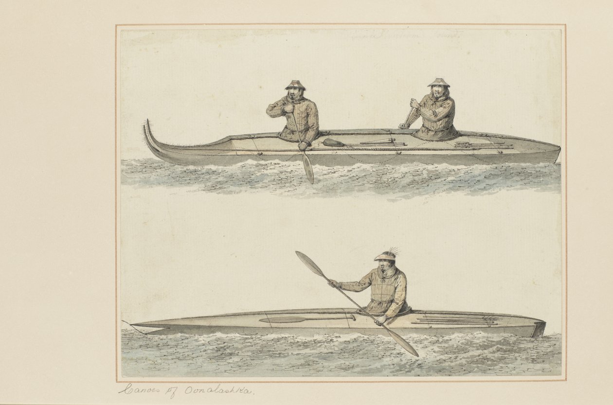 30: Canoes of Onalaska, ze série akvarelů ilustrujících poslední plavbu kapitána Cooka, cca 1773-84 (wc na papíře) od John Webber