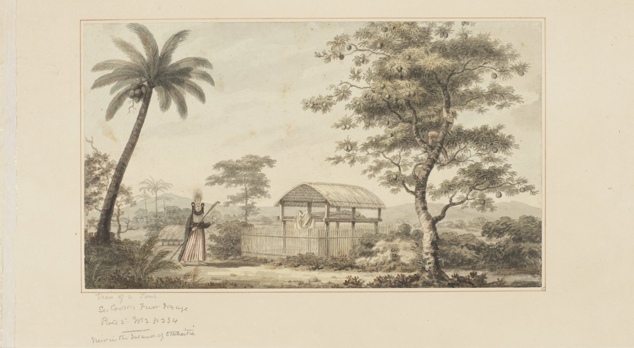 45: View of a Tomb, ze série akvarelů znázorňujících poslední cestu kapitána Cooka, kolem roku 1773-84 (akvarel na papíře) od John Webber