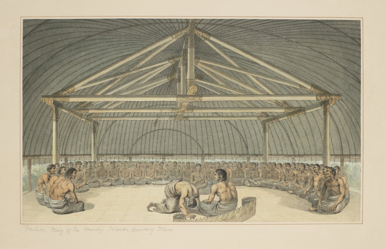 7: Poulaho, král Přátelských ostrovů, pije kávu Kava ze série akvarelů ilustrujících poslední plavbu kapitána Cooka, cca 1773-84 od John Webber