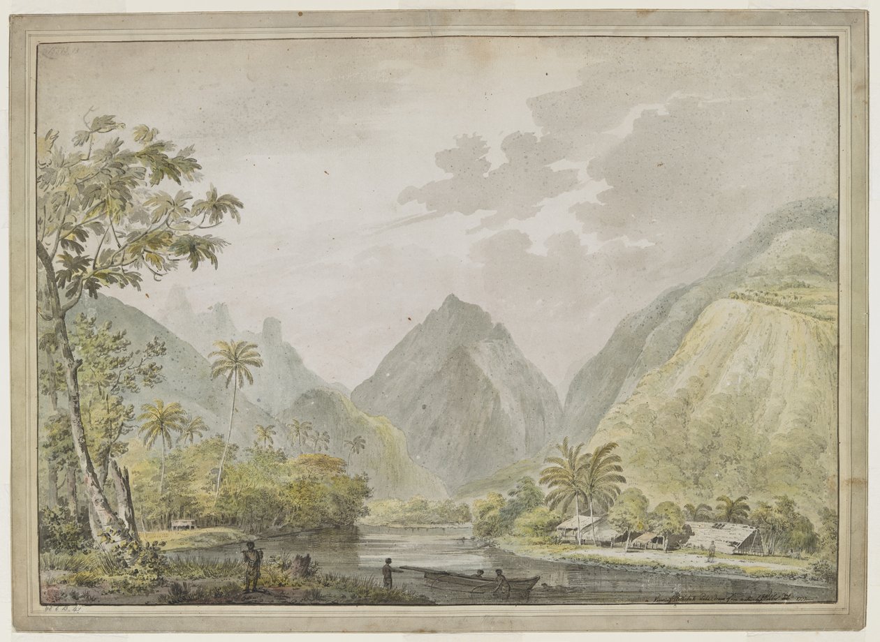 Pohled na řeku Vaitepiha se dvěma Tahiťany na kánoi v popředí a dvěma dalšími na břehu. Tahitské domy vpravo. srpna 1777 od John Webber