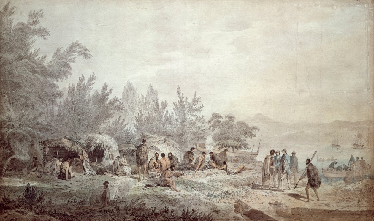 Kapitán Cook v zátoce Ship Cove, Queen Charlotte Sound od John Webber
