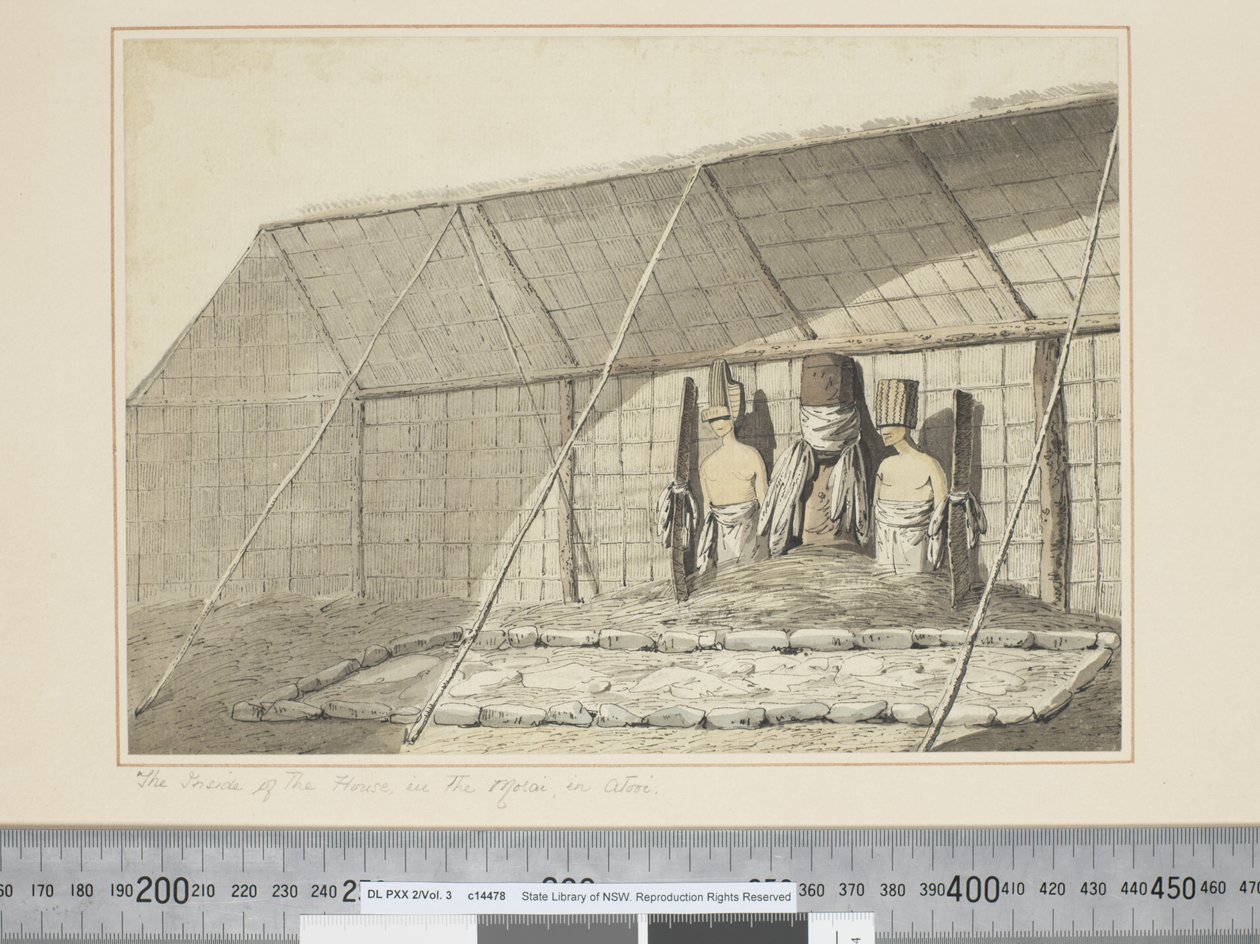 F.18 The Inside of the House, in the Morai, in Atooi, c.1773-84 (akvarel) od John Webber