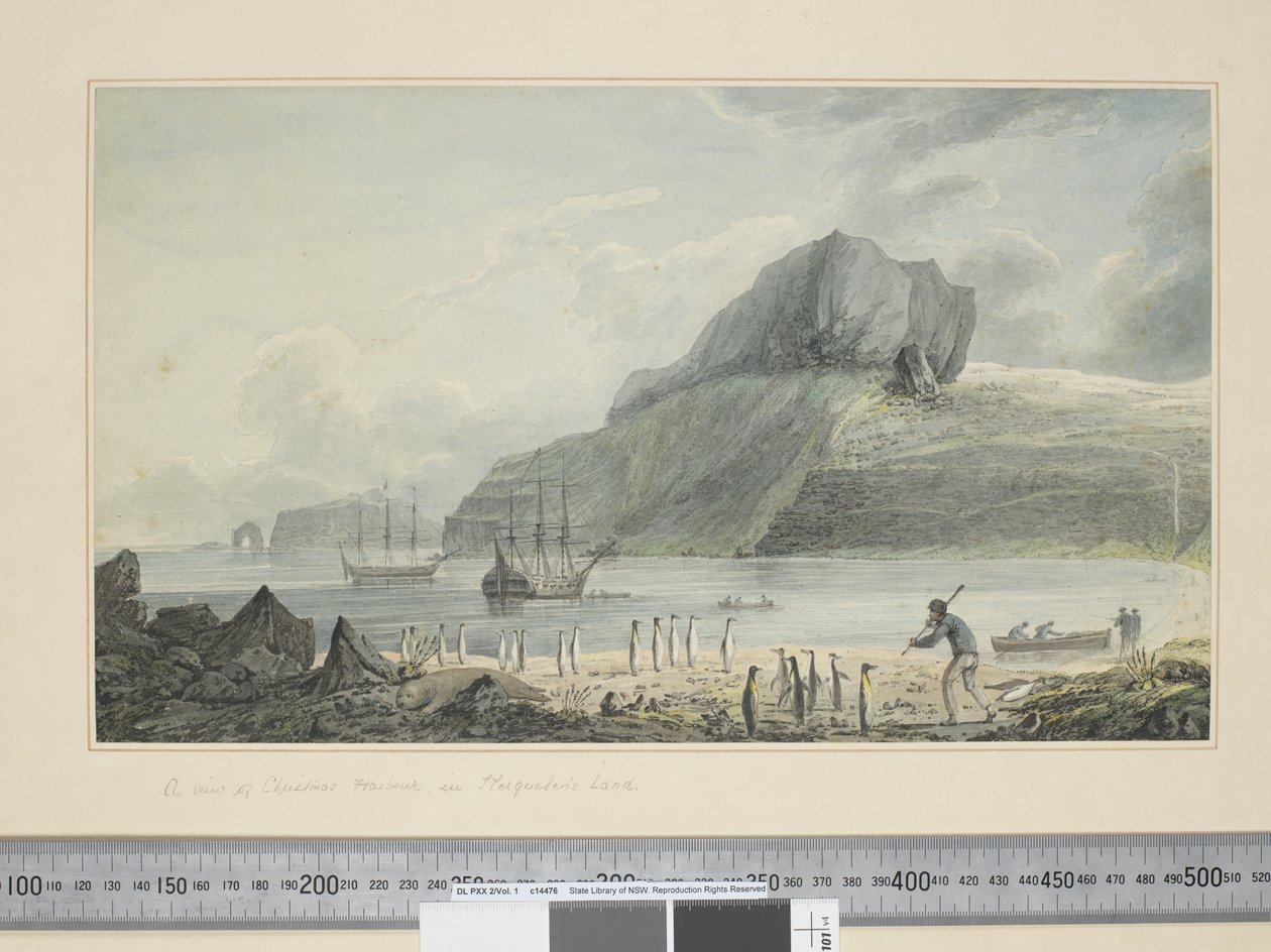 F.1 Pohled na Vánoční přístav v Kerguelenově zemi, cca 1773-1784 (akvarel a tiskařské rytiny) od John Webber