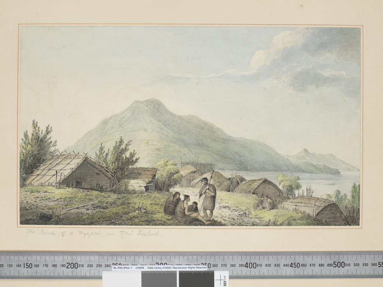 F.2 The Inside of a Hippah, in New Zeeland sic, c.1773-84 (akvarel a tiskové rytiny) od John Webber