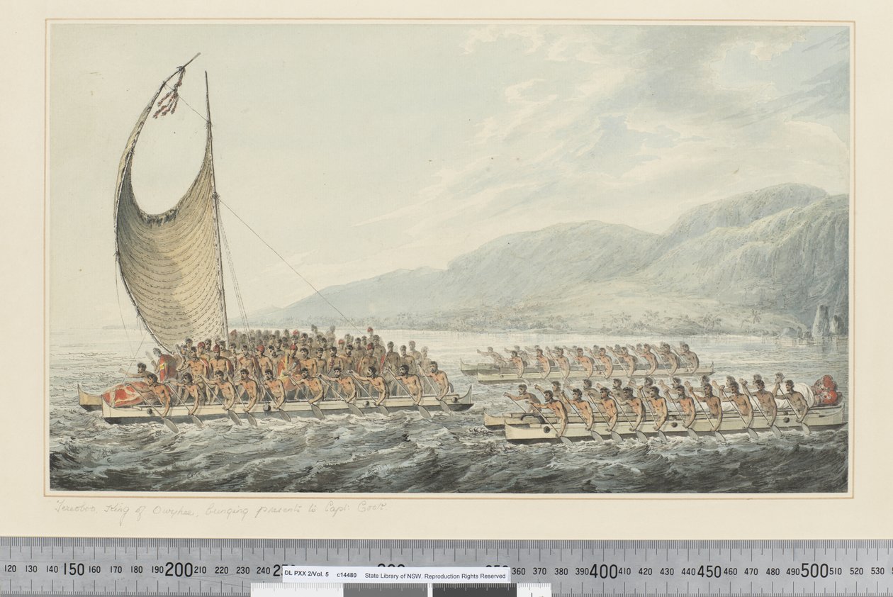 F.35 Tereoboo, král Owyhee, přináší dárky kapitánu Cookovi, kolem 1773-84 (akvarel) od John Webber