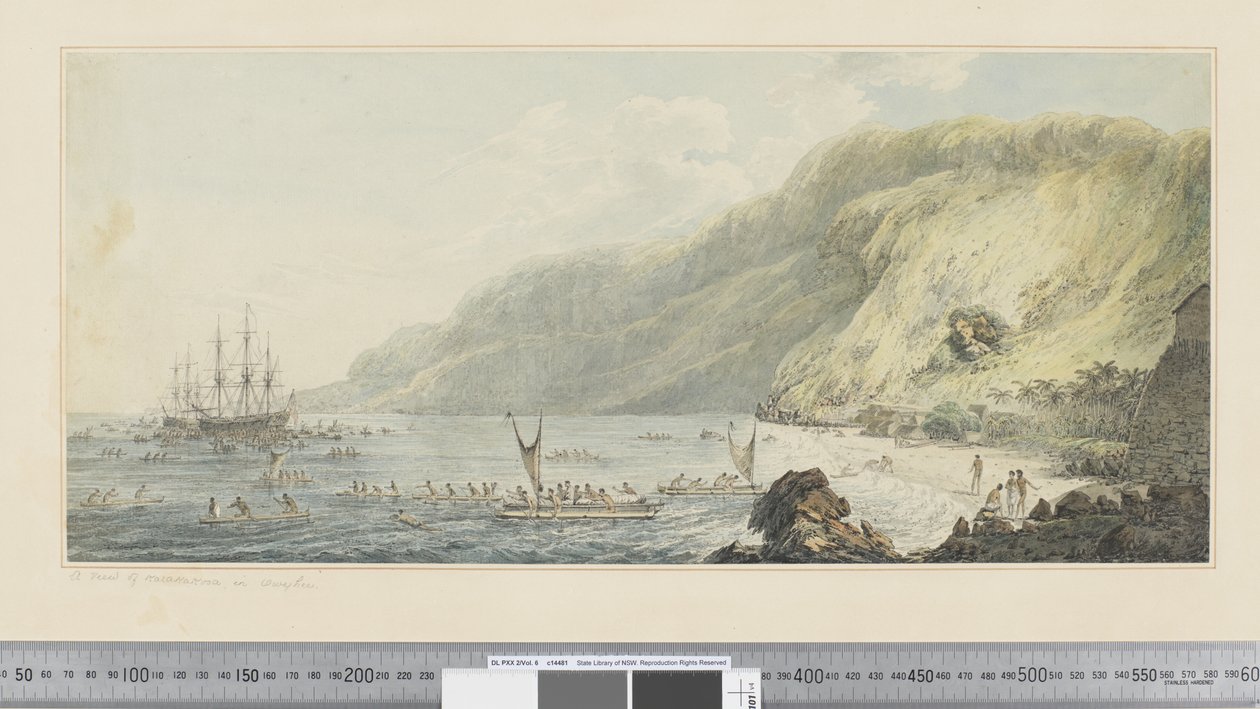 F.39 Pohled na Karakakooa, v Owyhee, kolem 1783-84 (akvarel) od John Webber