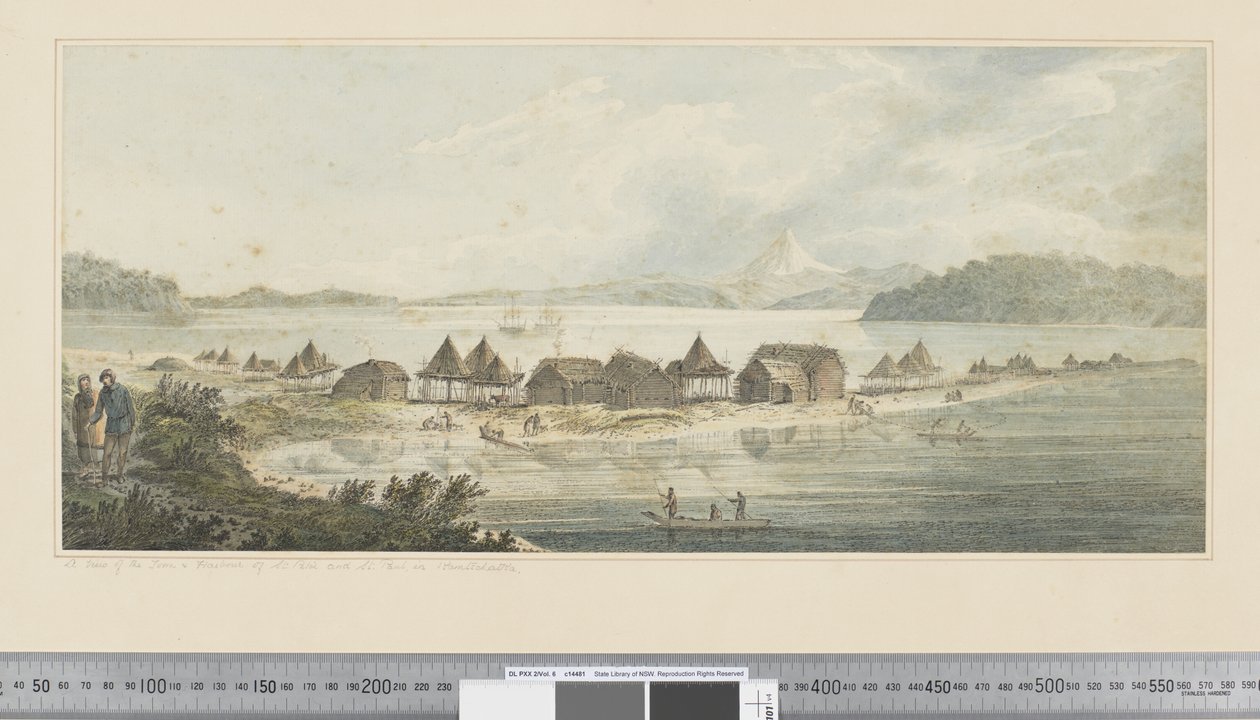 F.41 Pohled na město a přístav svatého Petra a Pavla v Kamtschatce, cca 1783-1784 (akvarel) od John Webber