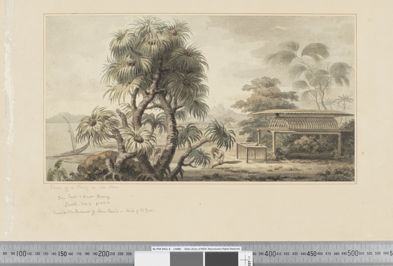 F.46 Pohled na hrobku na mořském pobřeží, cca 1783-1784 (akvarel) od John Webber