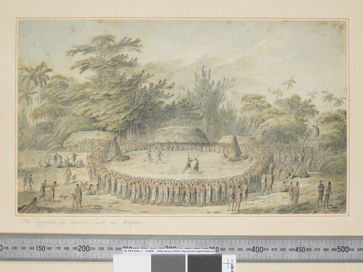 F.4 The Reception of Captain Cook in Hapaee, c.1773-84 (akvarel a tiskové rytiny) od John Webber