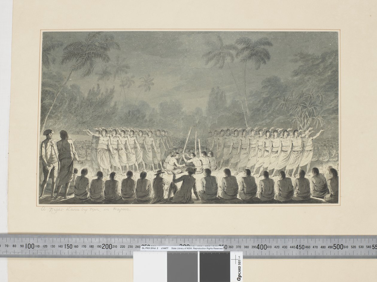 F.5 A Night Dance by Men, v Hapaee, cca 1773-1784 (akvarel) od John Webber