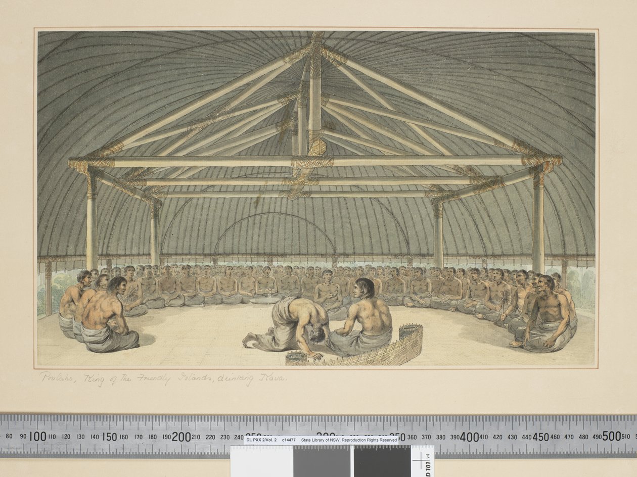 F.7 Poulaho, král Přátelských ostrovů, pití Kava, kolem 1773-84 (akvarel) od John Webber