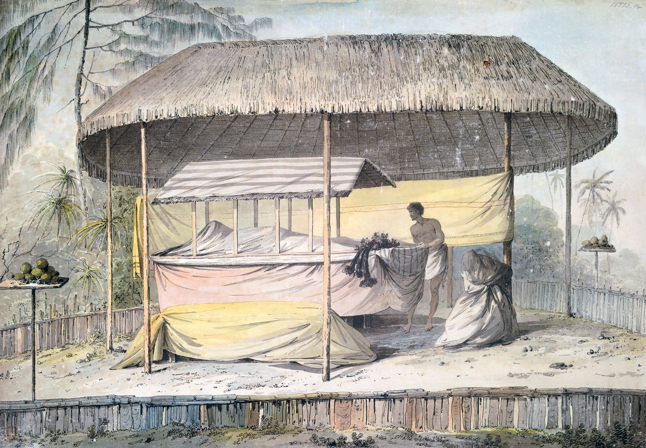 Pohřeb se zesnulým pod baldachýnem, Tahiti, Společenské ostrovy, akvarel od Johna Webbera (1750-1793) z popisu poslední cesty kapitána Jamese Cooka (1776-1779), Polynésie od John Webber