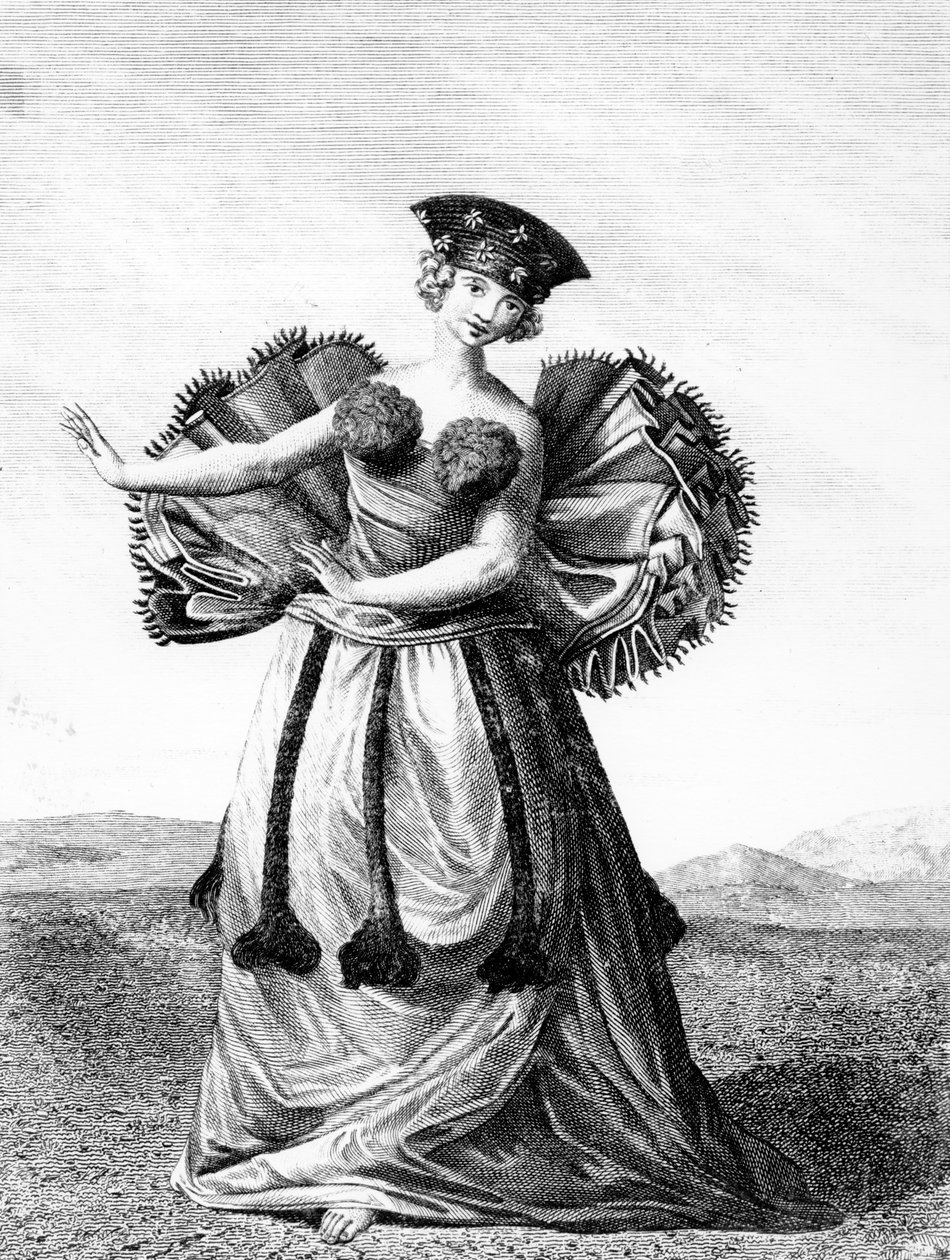 Hábit mladé ženy tančící v Otaheite, asi 1785 (rytina) od John Webber