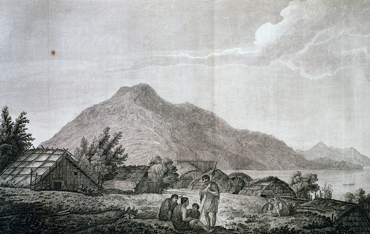 Uvnitř hrocha na ostrově Motuara, podle kresby Johna Webbera (1750-1793) z poslední plavby Jamese Cooka (1776-1779). rytina od John Webber