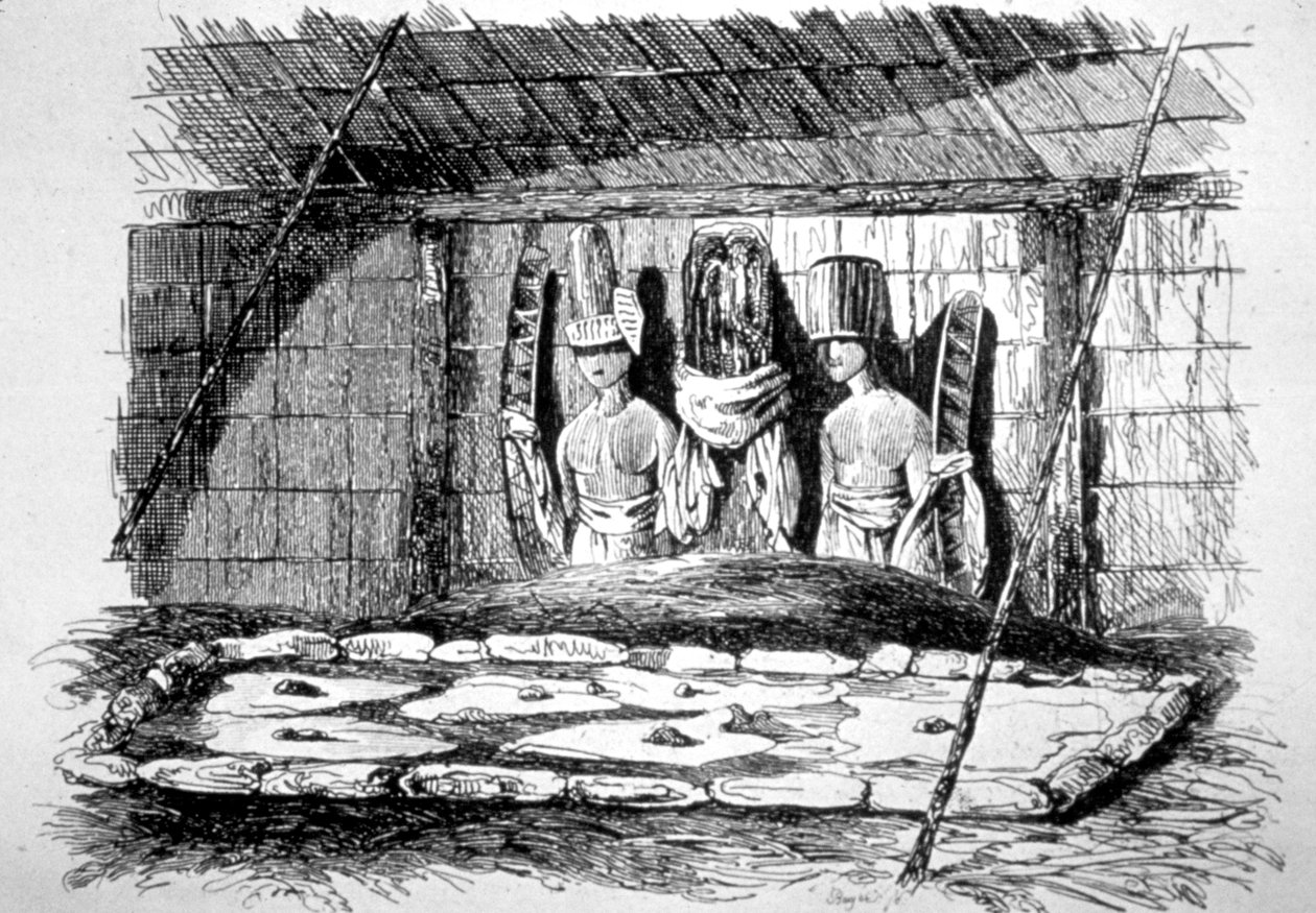 Uvnitř pohřební chýše, Tahiti, 18. století od John Webber