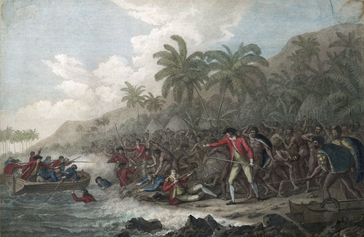 Kapitán James Cook (1728-1779, britský průzkumník) zabit havajskými domorodci v zálivu Kealakekua na Sandwichových ostrovech (Polynésie), v roce 1779 - Smrt kapitána Jamese Cooka 14. února od John Webber