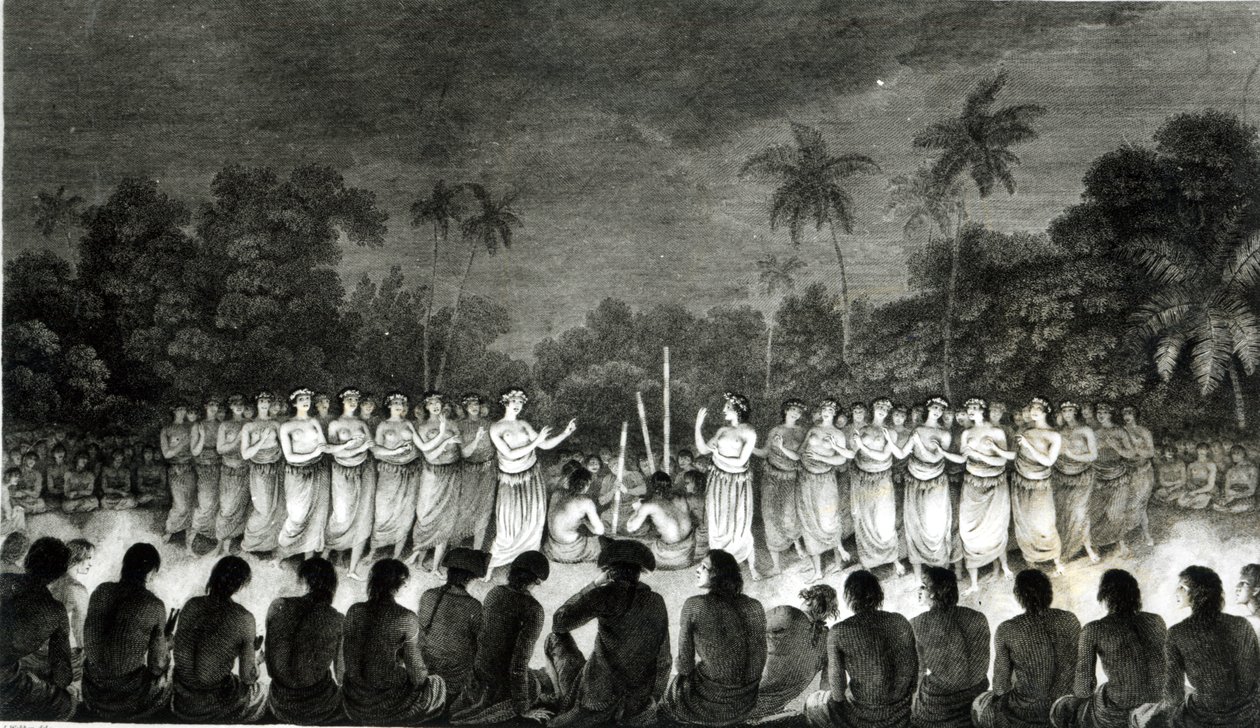 Domorodí obyvatelé Přátelských ostrovů Tančící v Hapee, z Atlasu třetí cesty kapitána Jamese Cooka (1728-79) 1777 od John Webber
