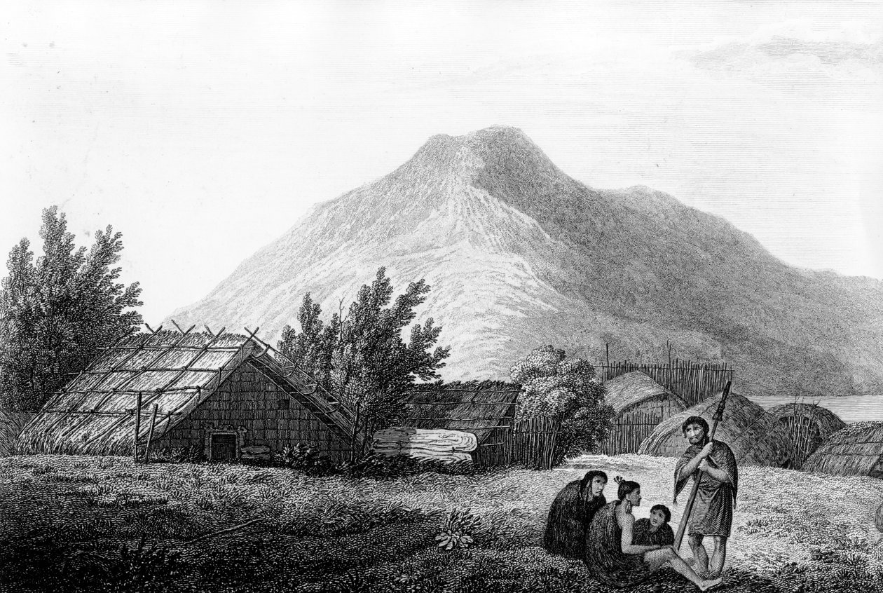 The Inside of a Hippah in New Zealand, ilustrace z „Voyage to the Pacific“, vyrytý Benjamin Pouncy, 1784 od John Webber