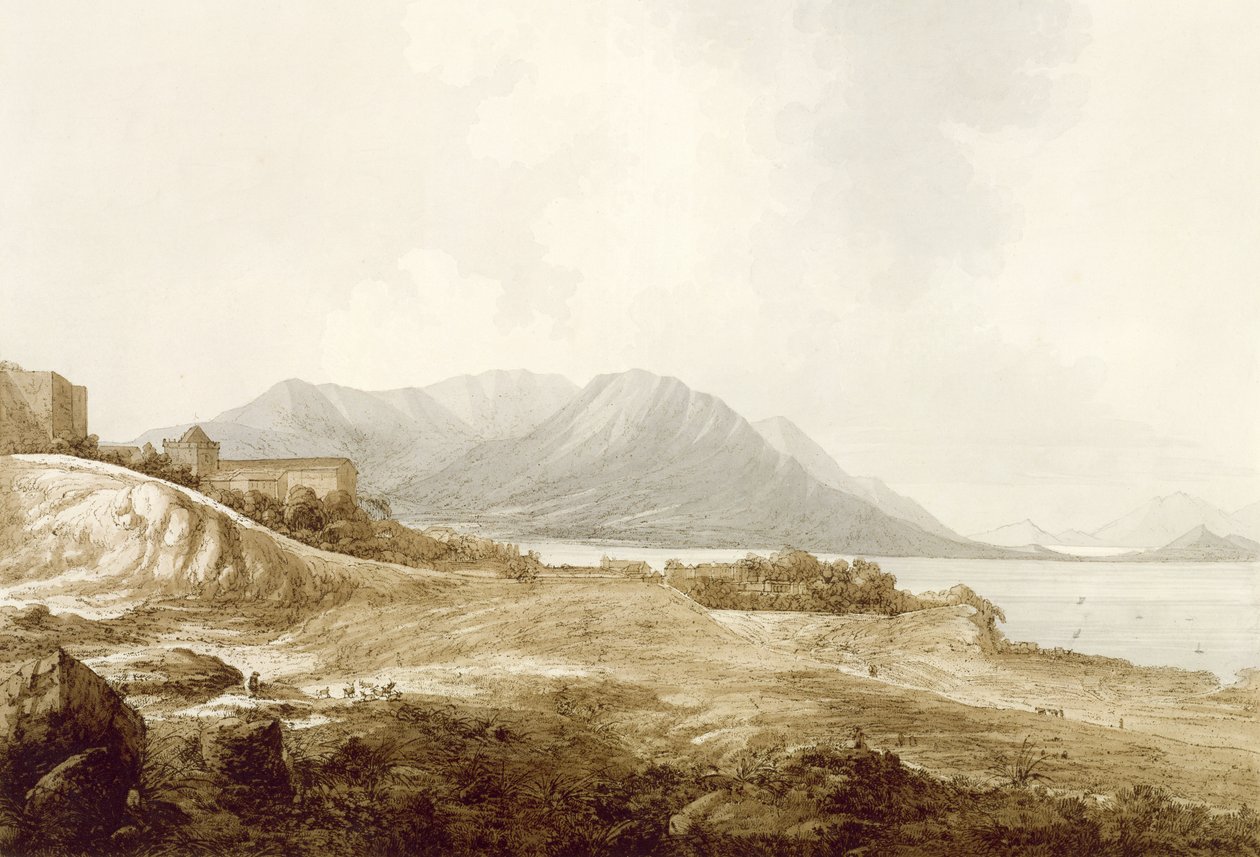 Pohled na Macao včetně Camoensovy rezidence, kde napsal svou Lusiadu, z knihy "Pohledy na jižní moře", vyd. 1788 od John Webber
