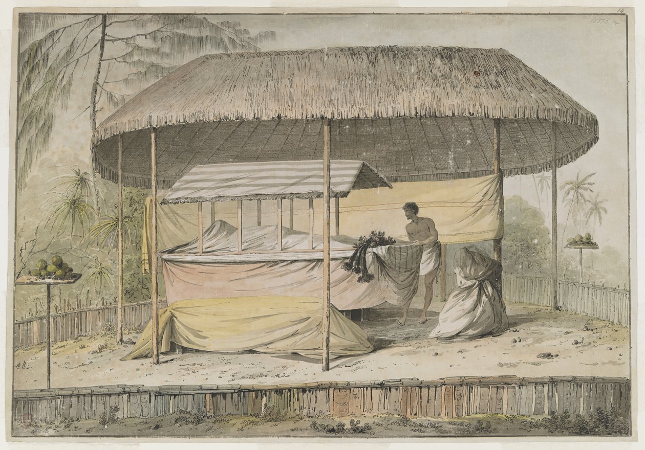 Waheiadooa, náčelník Oheitepehy, ležící ve státě, zaznamenaný kapitánem Cookem během jeho návštěvy na Tahiti 19. srpna 1777. Pohřební jeviště podpírá zahalenou mrtvolu a obsluhu. Jsou chráněny markýzou se zatravněnou střechou a obklopeny nízkým p od John Webber