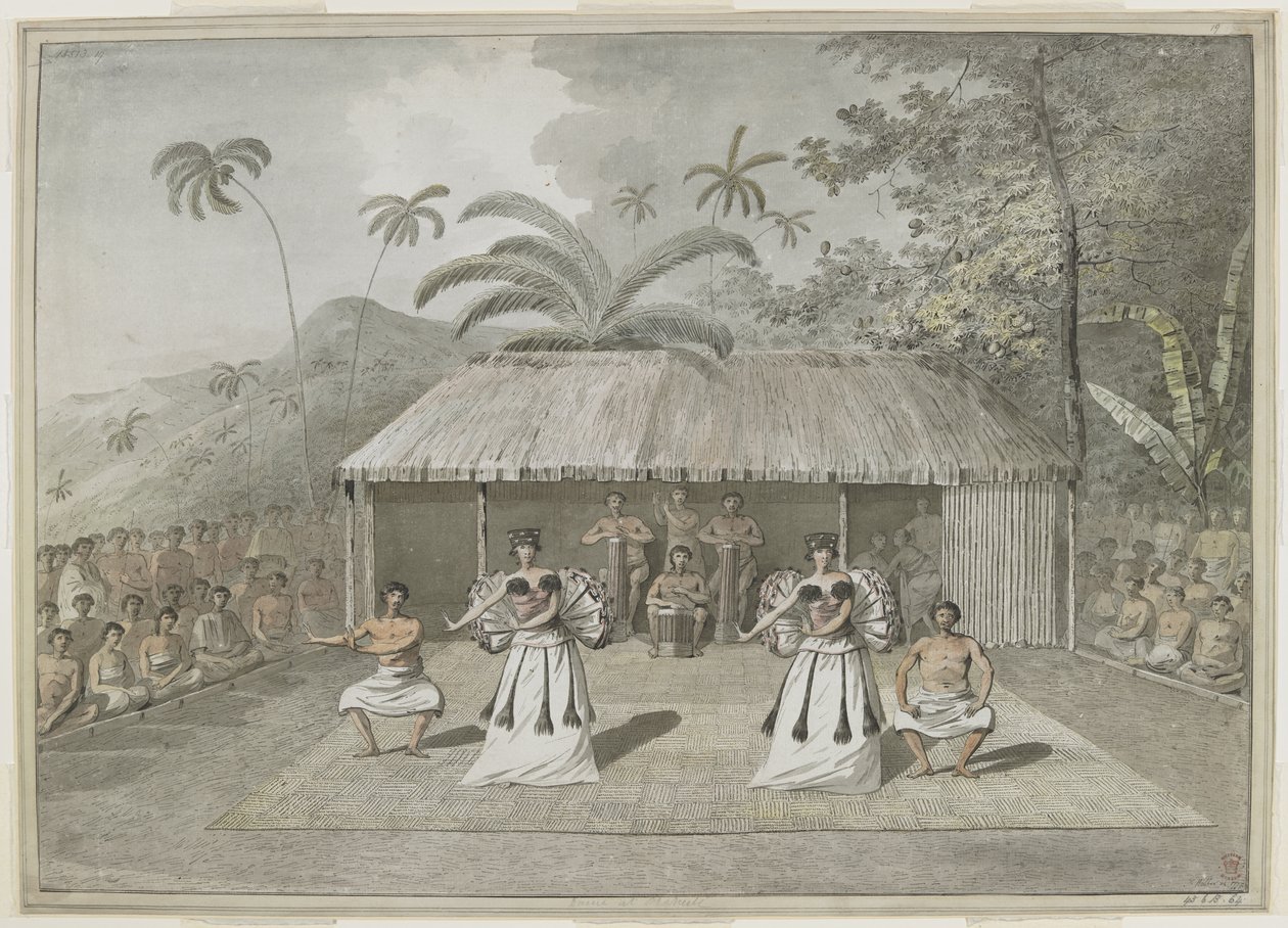 [Koko piirustus] Tanssi tai heiva Otaheitellä [Tahiti]. Kaksi miestä ja kaksi naista tanssivat, takana rumpali ja katsojia molemmilla puolilla. syyskuuta 1777 od John Webber