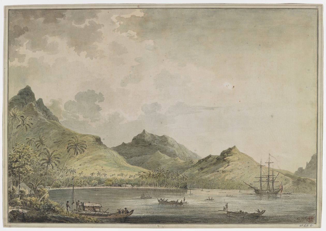 [Celý výkres]. Pohled na přístav Huahine [Fare Harbour]. s vrcholky hor, včetně hory Turi, v pozadí. V zátoce je „Resolution“ a mnoho domorodých plavidel a na břehu skupina domorodců pečuje o dvojitou kánoi s palubním domem. od John Webber