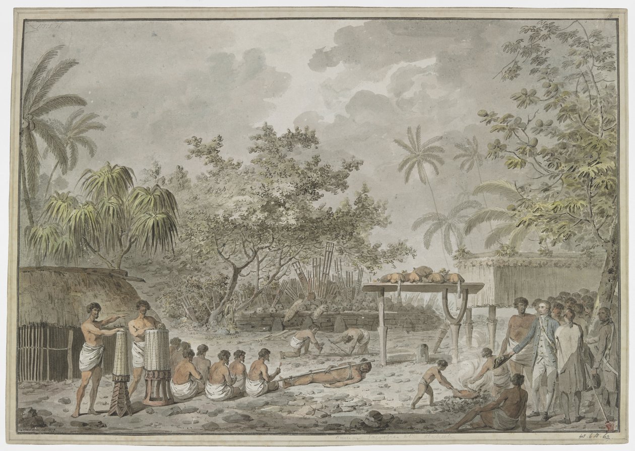 [Celá kresba] Lidská oběť na velké morai v Attahouroo [Utuaimahurau], Tahiti, svědkem kapitána Cooka dne 1. září 1777. Svázaná postava v popředí, s muži kopajícími díru pro tělo za zády a s tím, co obsahuje dva psy a thr od John Webber