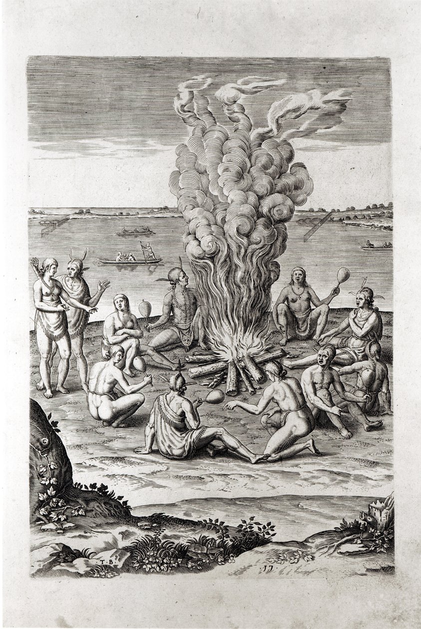 Indiáni se modlí u ohně, rytina z Hariotovy „Stručné a pravdivé zprávy z...Virginie“, 1590, vyryté Theodorem de Bry (1528-98) od John White