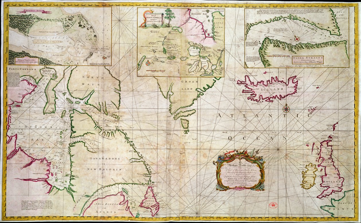 Mapa moří a průlivů ukazující možnost severozápadního průchodu mezi Hudsonovým zálivem a Jižním mořem od John Wigate