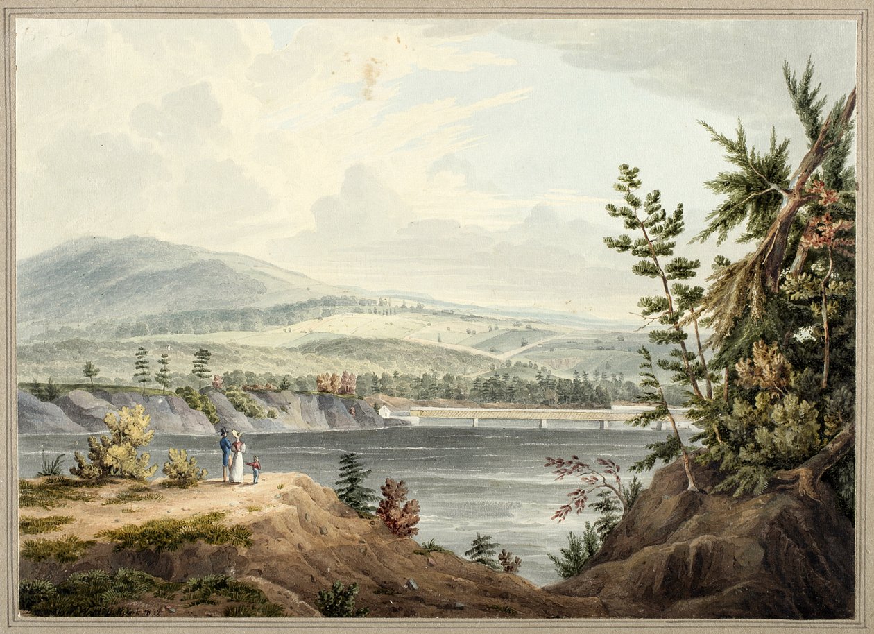 Hudson River Bridge u Waterfordu, New York, 1832 (akvarel, kvaš, selektivní glazura, grafit a škrábání na papíře položeném na kartonu) od John William Hill
