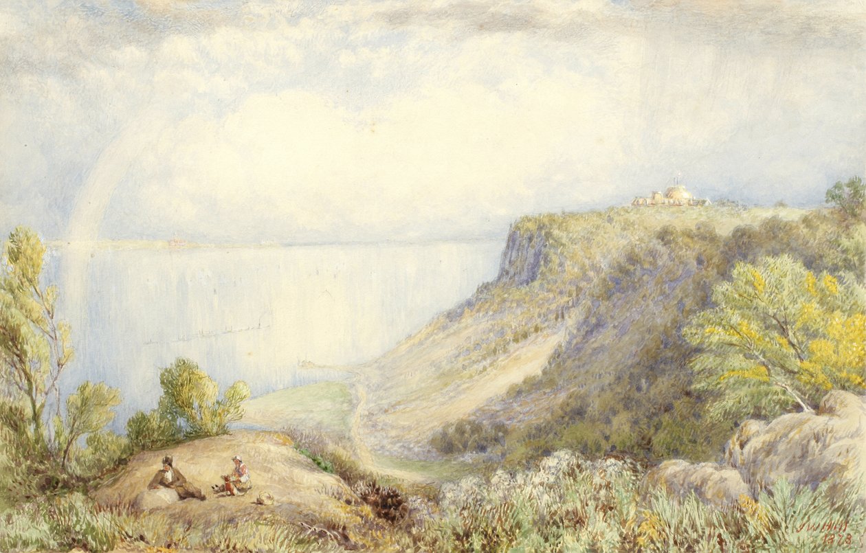 Pohled na řeku Hudson z Palisades, New York, s duhou, 1873 Akvarel, grafit a doteky kvaše na papíře, položené na kartě od John William Hill