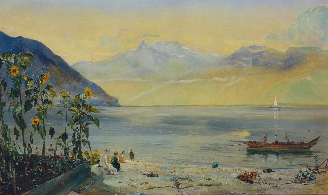 Jezero Leman s Dents du Midi v dálce, 1863 od John William Inchbold