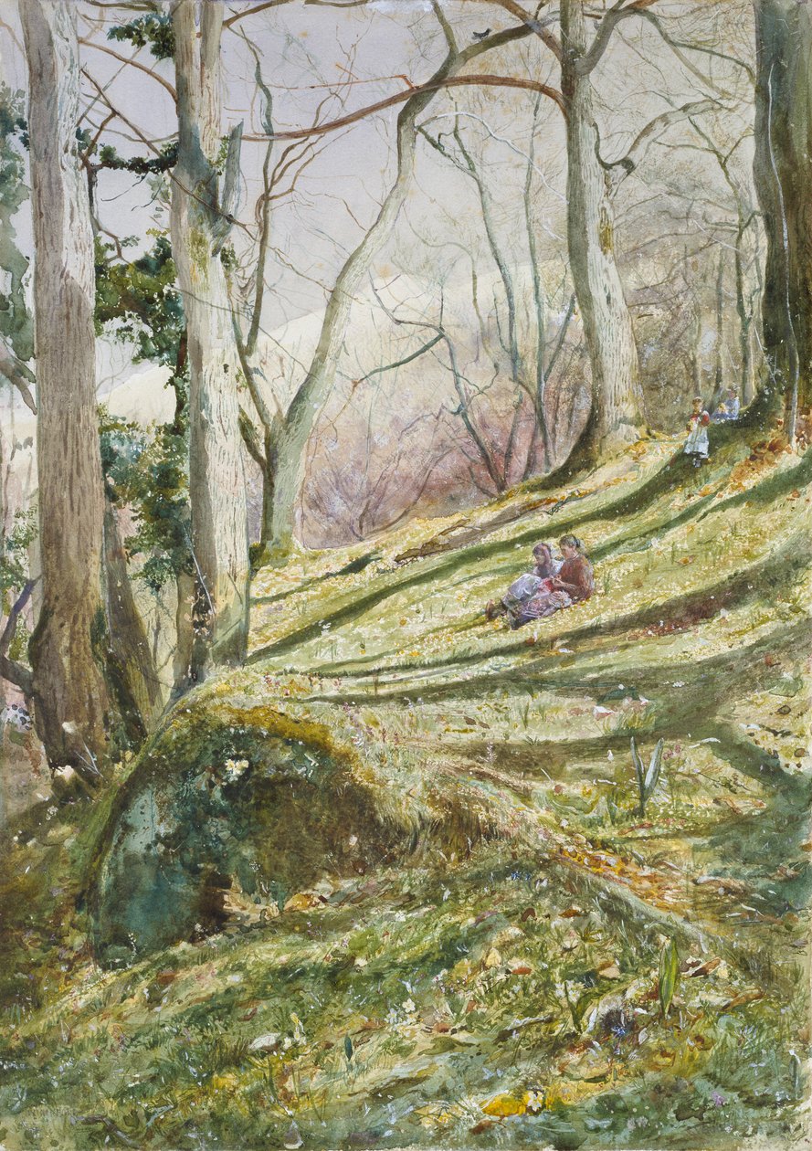 Zalesněný svah se čtyřmi postavami, polovina 19. století od John William Inchbold