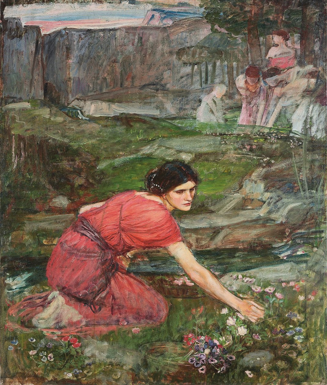 Studie: Dívky sbírající květiny u potoka, c. 1909-1914 od John William Waterhouse