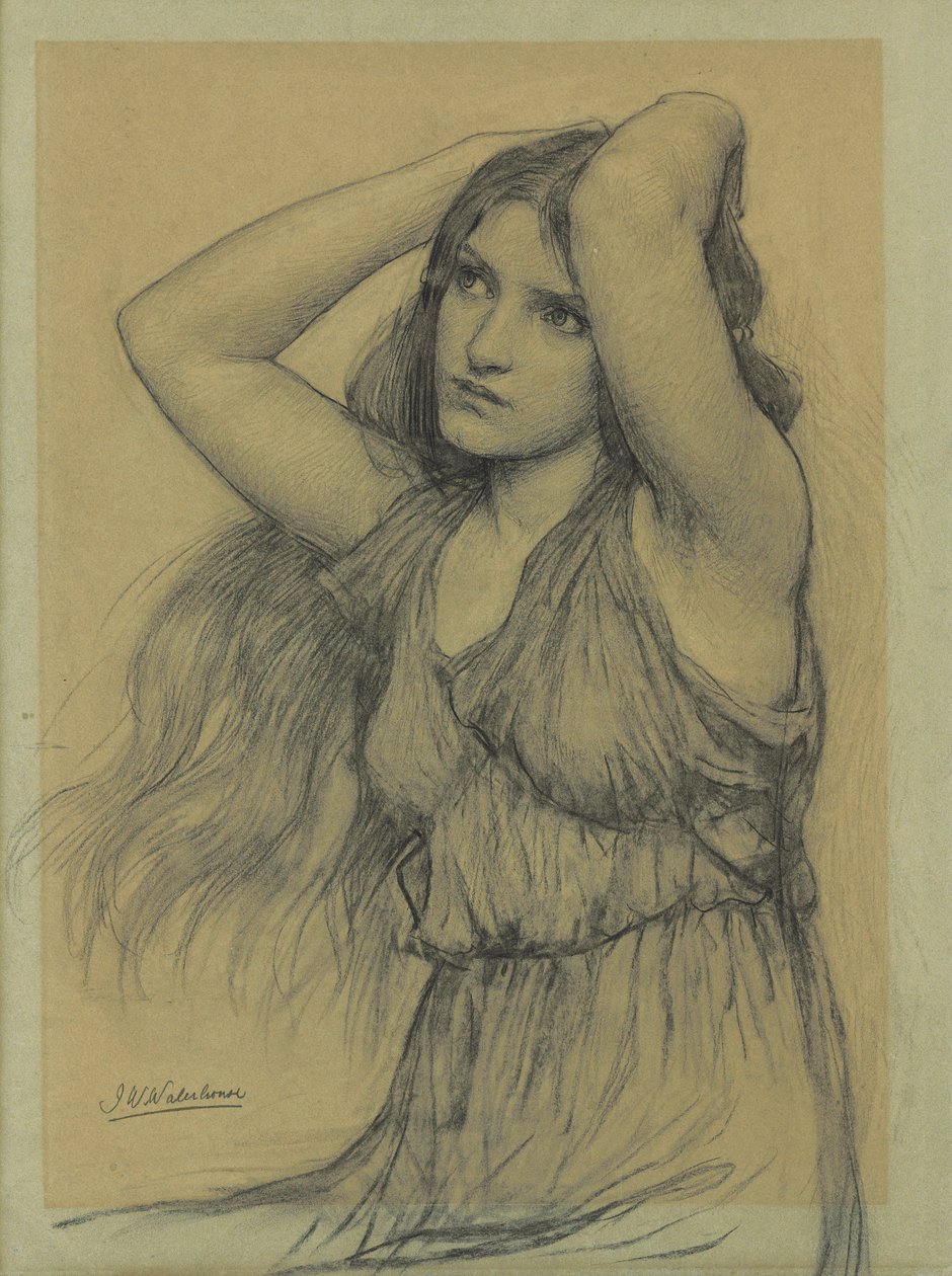 Flora (černá křída na lesklém papíře) od John William Waterhouse