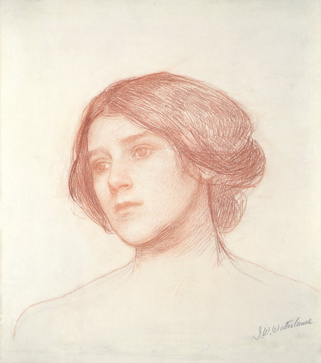 Hlava dívky (červená křída na papíře) od John William Waterhouse