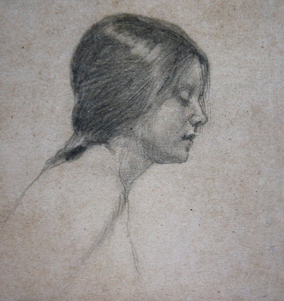 Hlava mladé dívky, cca 1880 (tužka na papíře) od John William Waterhouse