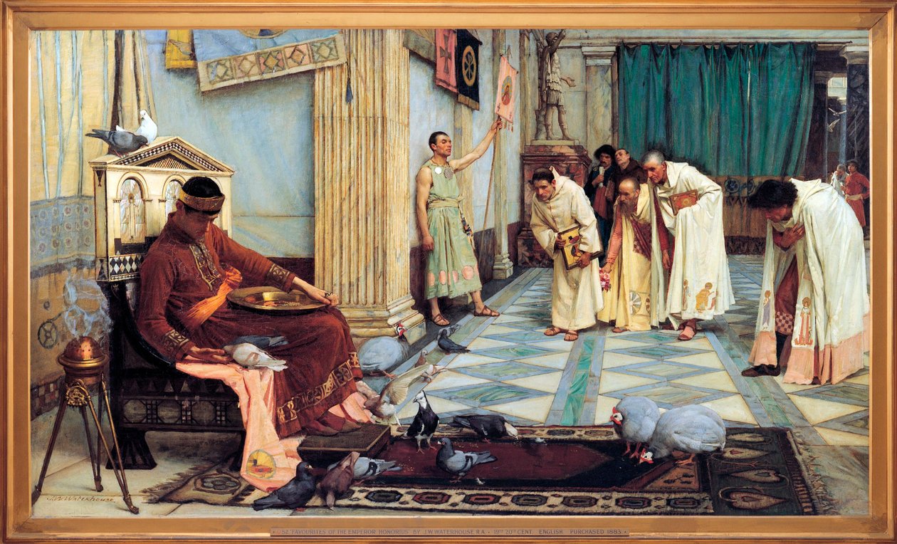 ""Oblíbenci západořímského císaře Honoria (384-423)"" Vyobrazení císaře, který krmí své ptáky, zatímco se jeho poradci pokorně klaní - Obraz Johna Williama Waterhouse (1849-1917) 1883 Galerie umění Jižní Austrálie A od John William Waterhouse