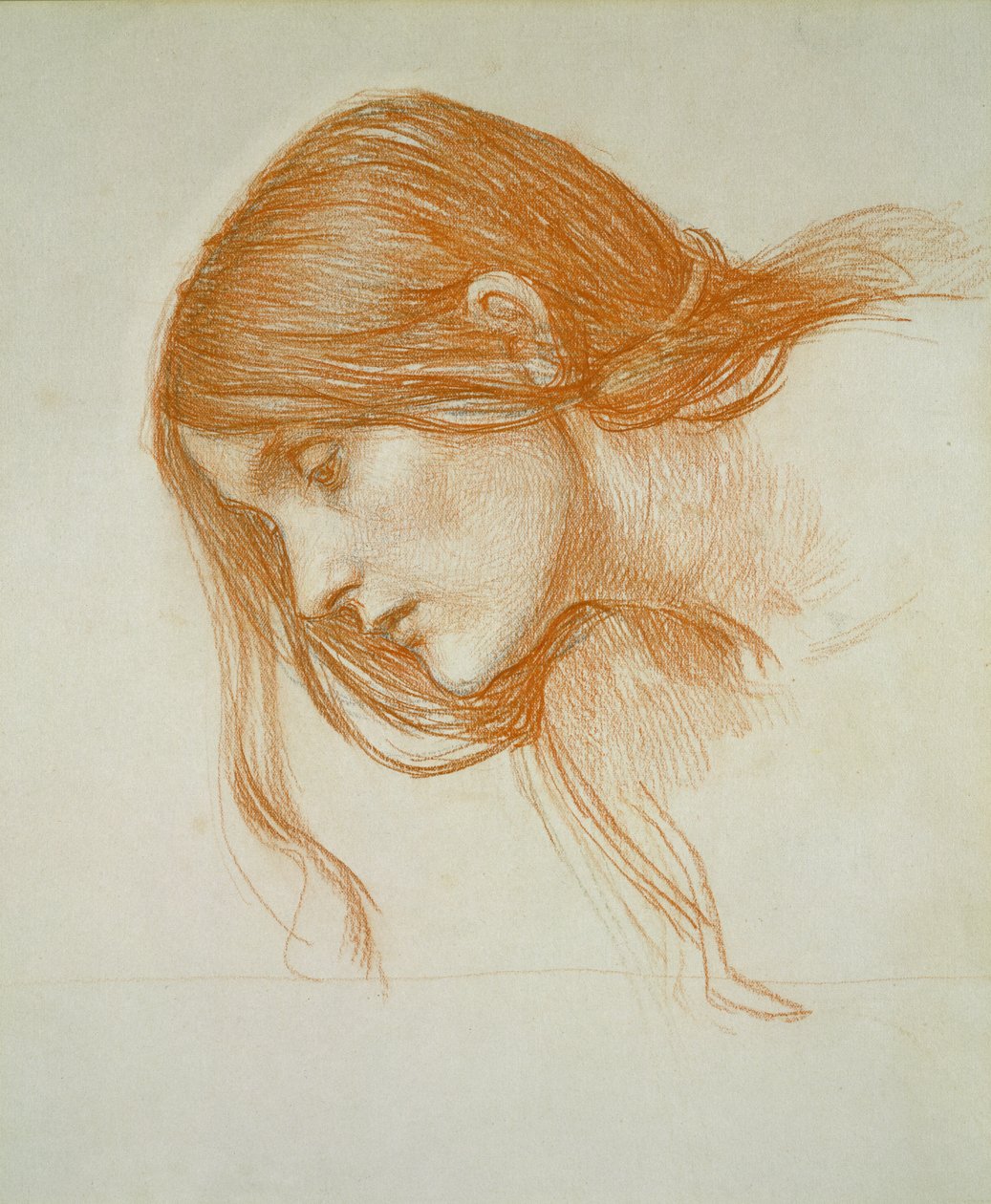 Studie dívčí hlavy (červená křída na papíře) od John William Waterhouse